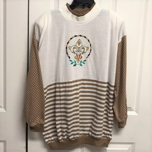 Cusp Brown White Polka Dot Stripe Print Long Sleeve Cotton Shirt Plus 0X NWT - Picture 1 of 6